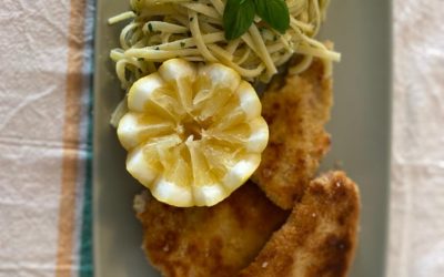 ESCALOPES DE VEAU A LA MILANAISE ET CES LINGUINIS AU PESTO D&rsquo;AMANDES.